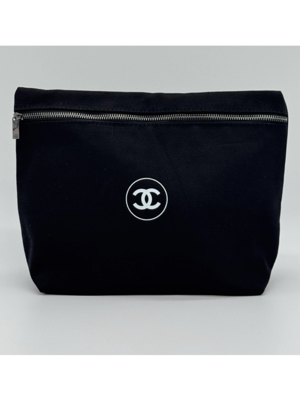CHANEL Black Canvas Cosmetic Pouch with White CC Logo